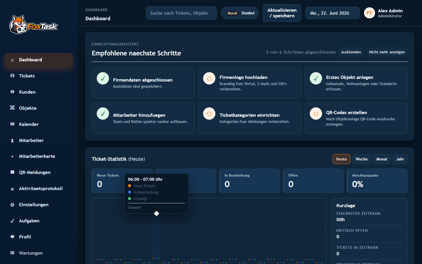 Originale FoxTask App-Oberflaeche im Dark Mode